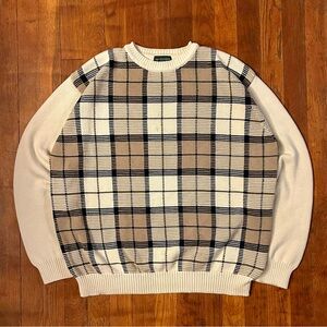Vintage Knit Chunky Preppy Grandpa Checkered Cream Blue Crewneck Sweater L